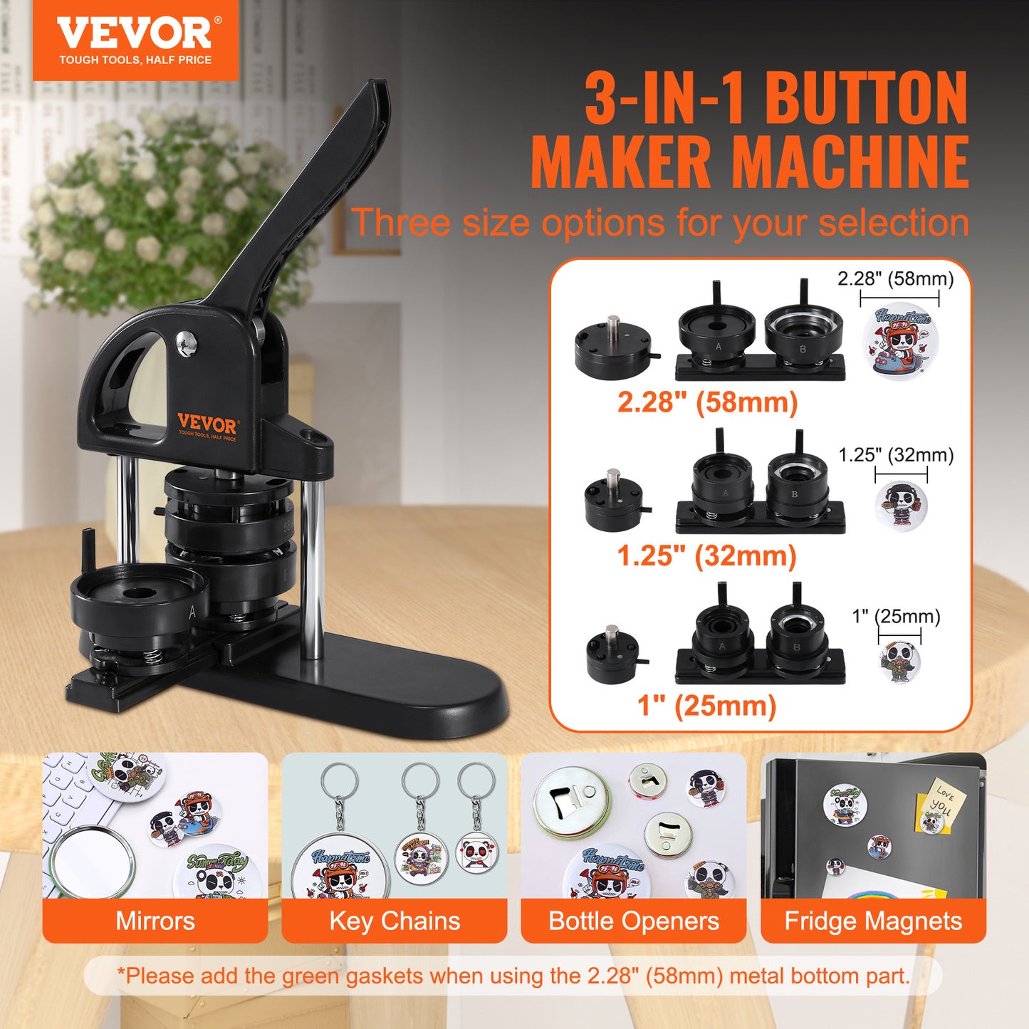 VEVOR Button Maker, 3-IN-1 Pin Maker, With 300pcs Button Parts, Button Maker Machine With Panda Magic Book, Ergonomic Handle Punch Press Kit, For Children DIY Gifts