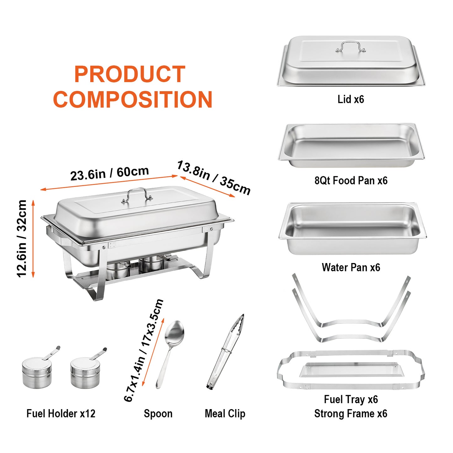 VEVOR Chafing Dish Buffet Set, 8 Qt 6 Pack, Stainless Chafer With 6 Full Size Pans, Rectangle Catering Warmer Server With Lid Water Pan Folding Stand Fuel Holder Tray Spoon Clip, At Least 8 People Eac