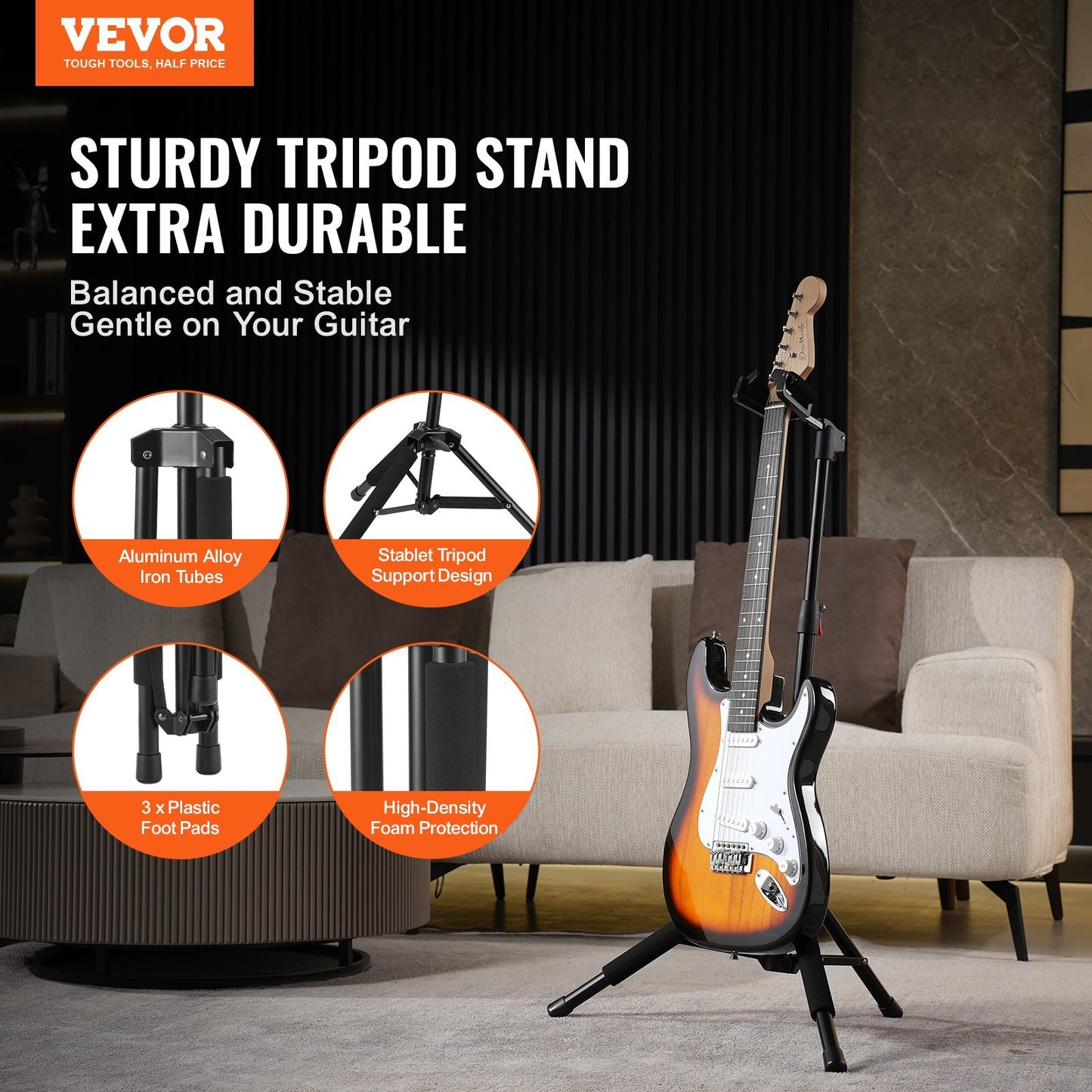 VEVOR Tripod Guitar Stand Floor-Standing Foldable 35.4-47.2 In Adjustable Height