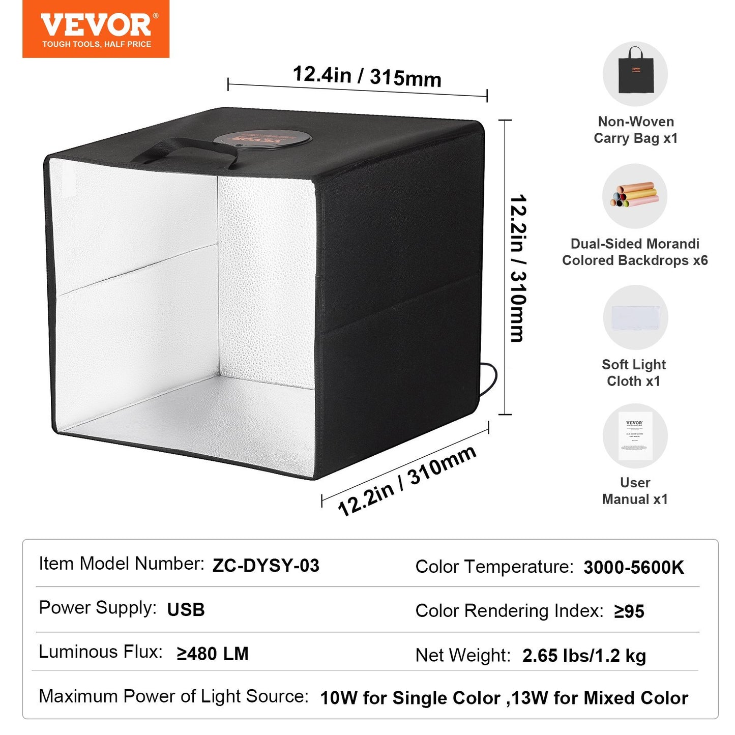 VEVOR Photo Studio Light Box 3000-5600K 6 Double-Sided Color Backdrops