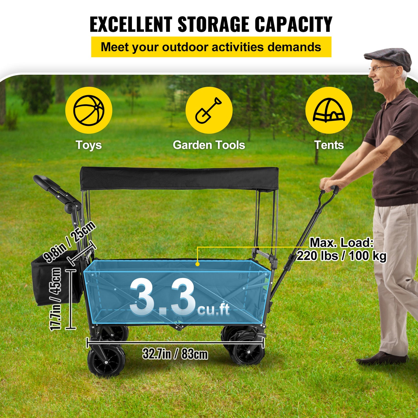 VEVOR Extra Large Collapsible Garden Cart With Removable Canopy, Folding Wagon Utility Carts With Wheels And Rear Storage, Wagon Cart For Garden, Camping, Grocery Cart, Shopping Cart, Black