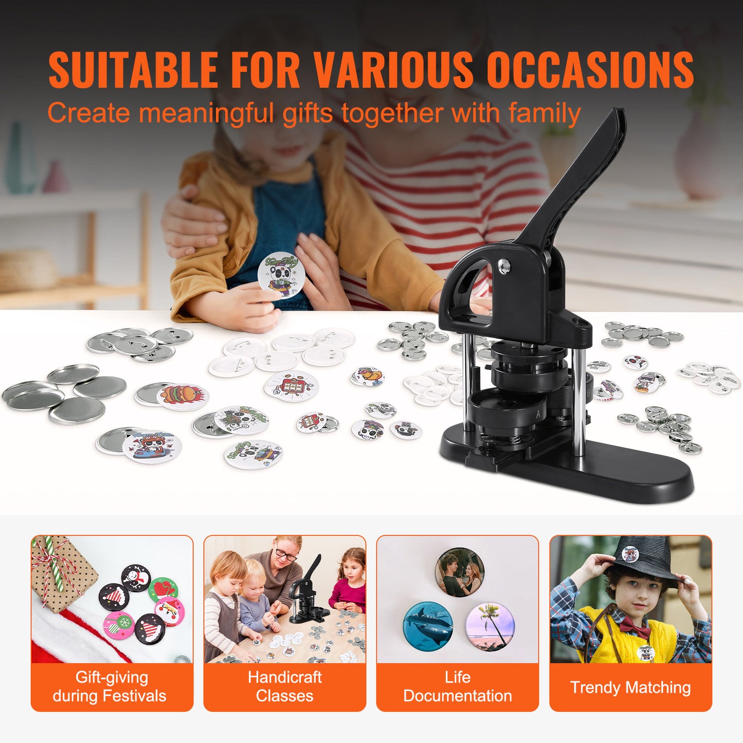 VEVOR Button Maker, 3-IN-1 Pin Maker, With 300pcs Button Parts, Button Maker Machine With Panda Magic Book, Ergonomic Handle Punch Press Kit, For Children DIY Gifts