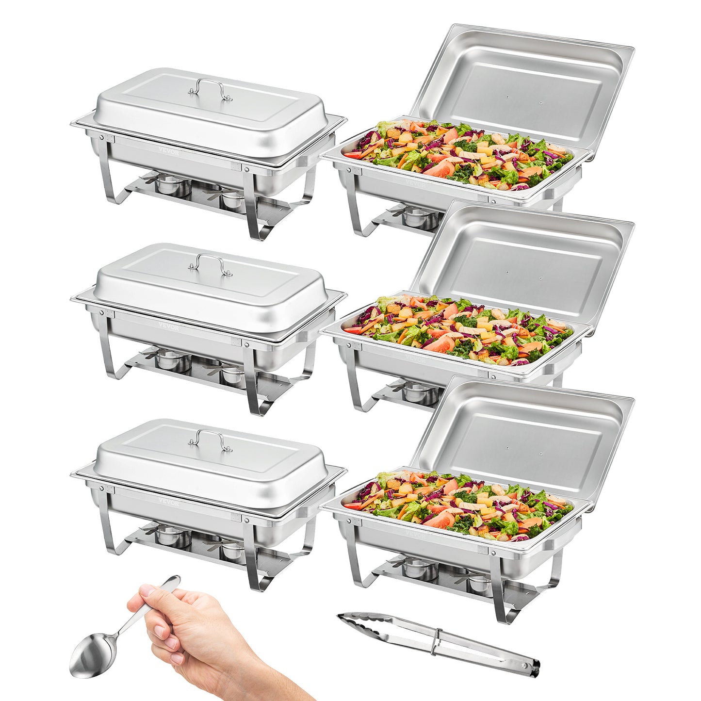 VEVOR Chafing Dish Buffet Set, 8 Qt 6 Pack, Stainless Chafer With 6 Full Size Pans, Rectangle Catering Warmer Server With Lid Water Pan Folding Stand Fuel Holder Tray Spoon Clip, At Least 8 People Eac