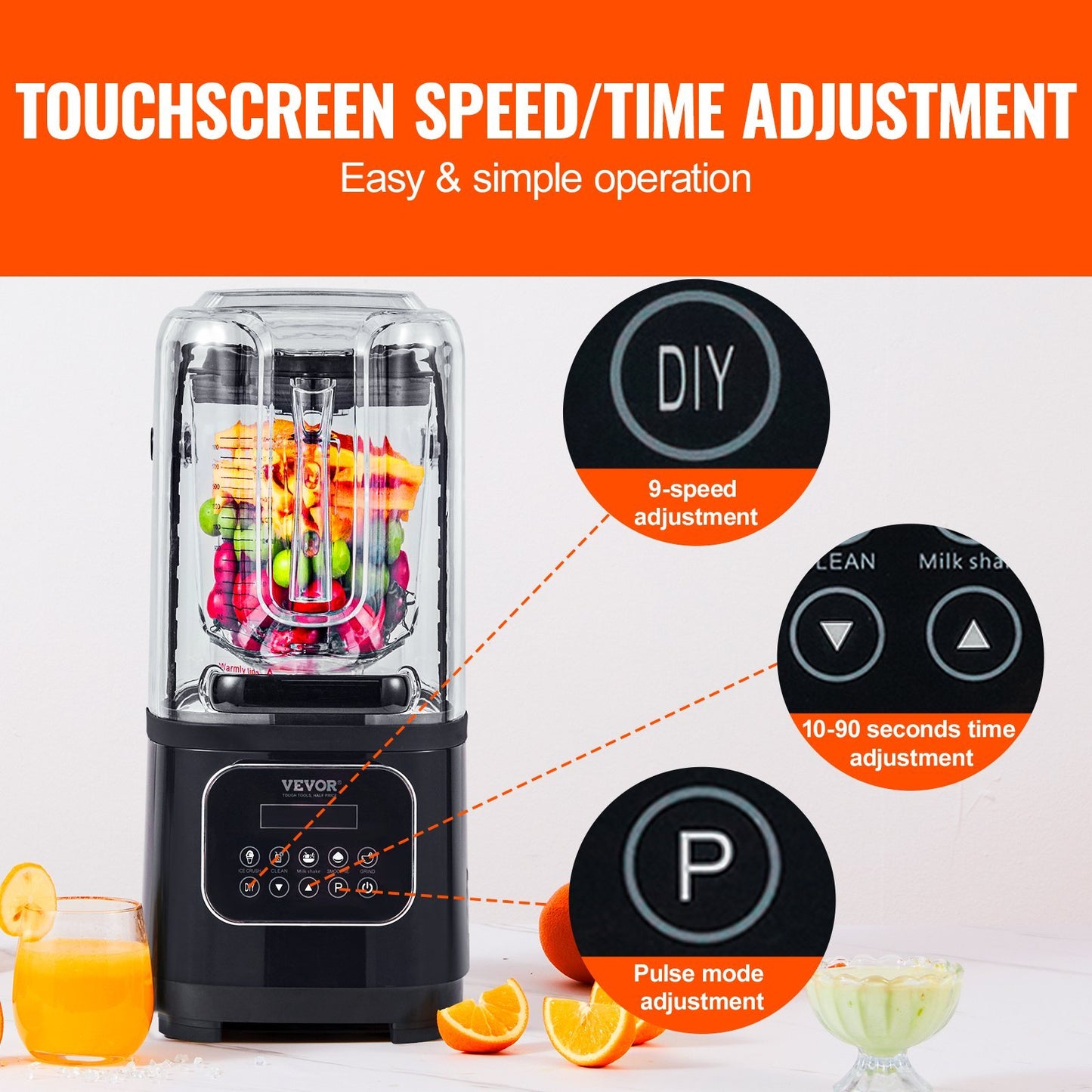 VEVOR Professional Blender With Shield, Commercial Countertop Blenders, 68 Oz  Blender Combo, Stainless Steel 9 Speed & 5 Functions Blender, For Shakes, Smoothies, Peree, And Crush Ice, Black