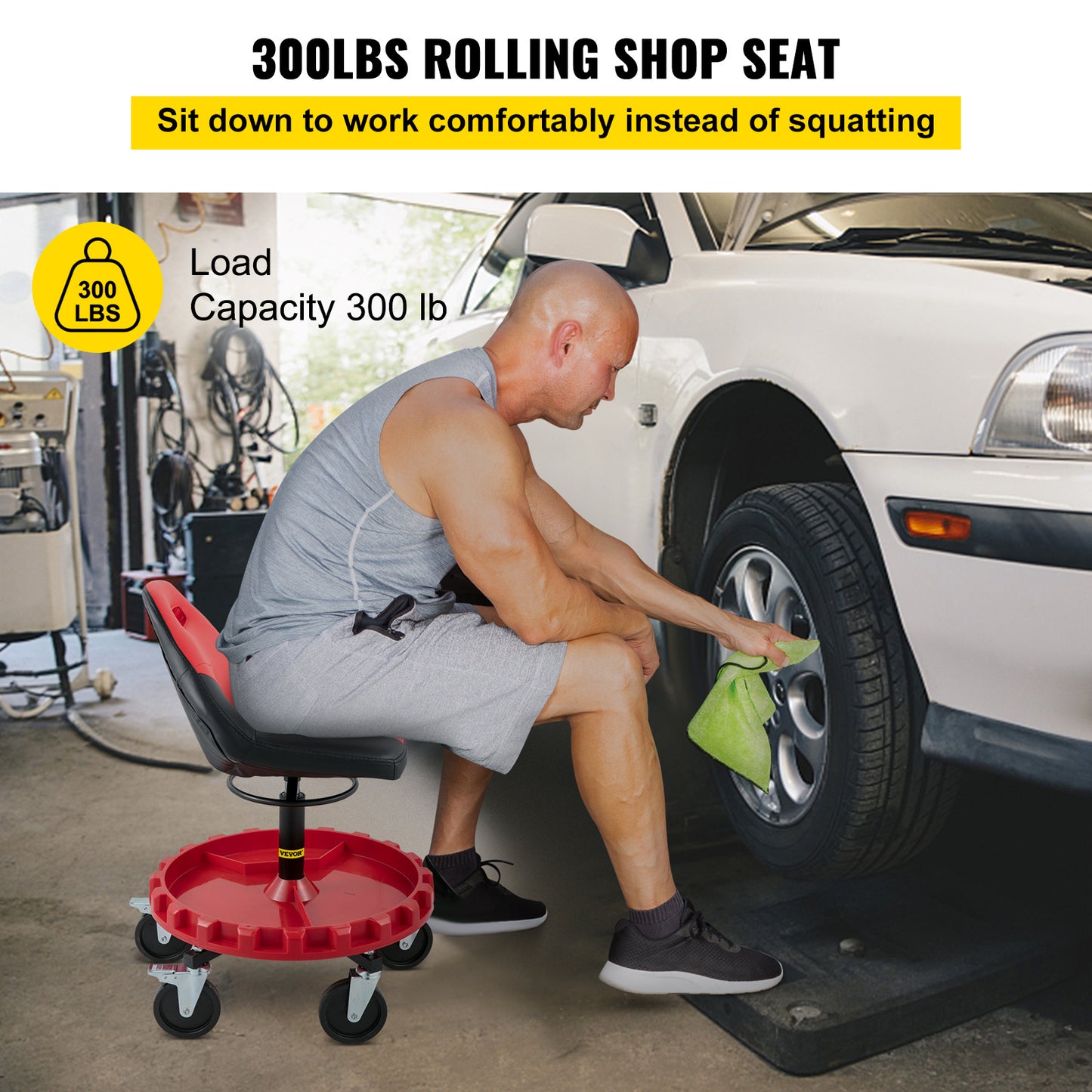 VEVOR Rolling Gear Seat, 300LBS Capacity,  Height Adjustable, Mobile Mechanic Garage Stool With Tool Tray And Casters, Pneumatic Stool For Workshop, Garage, Auto Repair Shop
