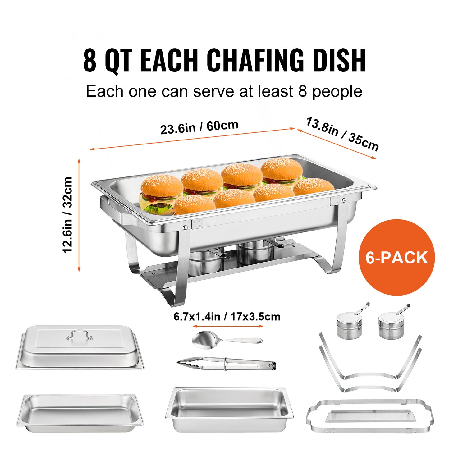 VEVOR Chafing Dish Buffet Set, 8 Qt 6 Pack, Stainless Chafer With 6 Full Size Pans, Rectangle Catering Warmer Server With Lid Water Pan Folding Stand Fuel Holder Tray Spoon Clip, At Least 8 People Eac