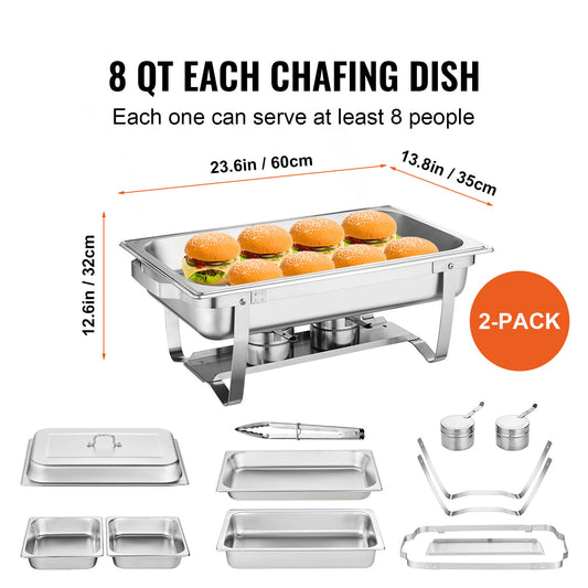VEVOR 2 Pack Rectangle Chafing Dish Set 2 Full Size 8Qt Pan 4 Half Size 4Qt Pans