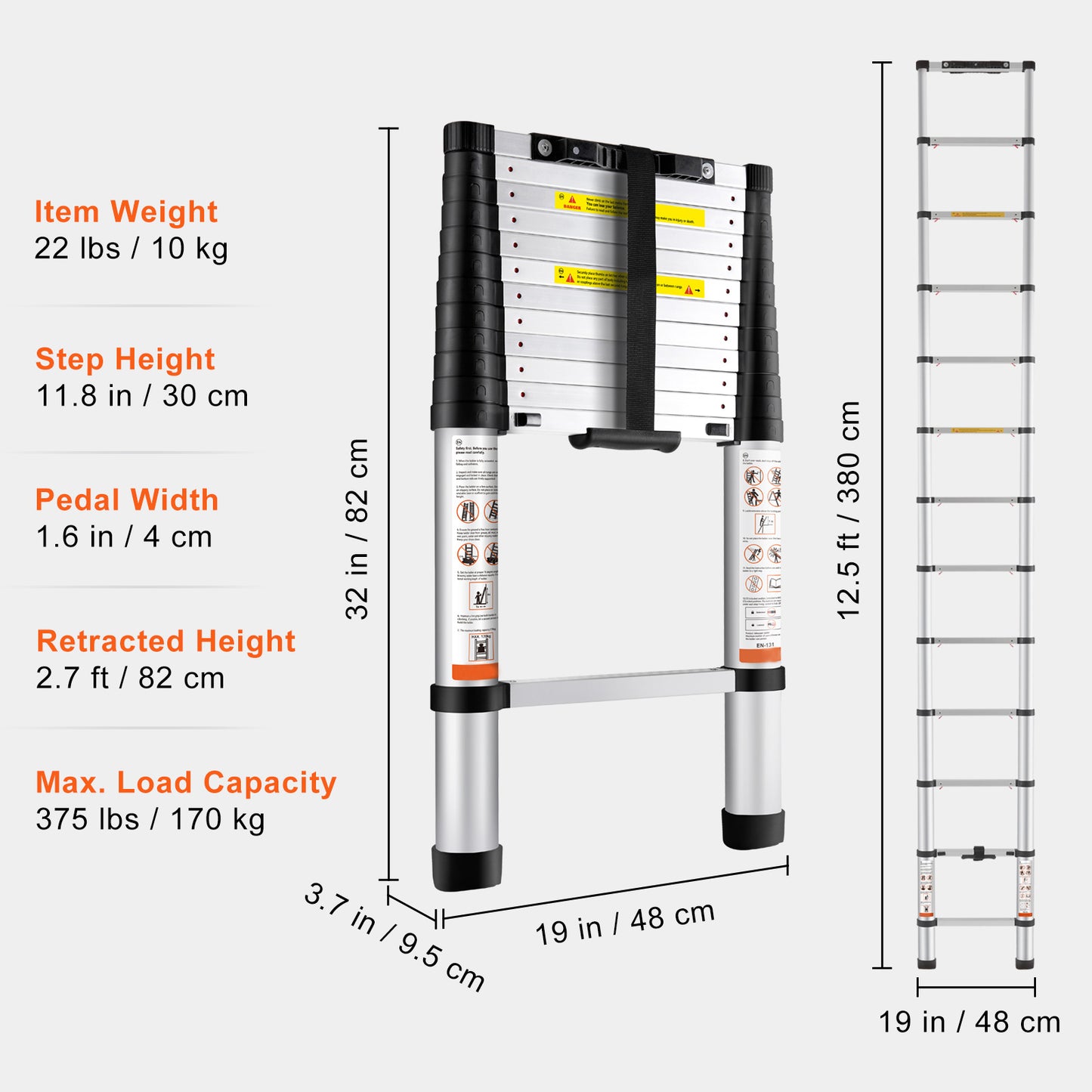 VEVOR Telescoping Ladder Aluminum Extension Step 12.5 Ft Multi Purpose Portable