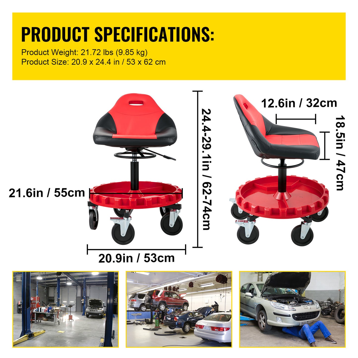 VEVOR Rolling Gear Seat, 300LBS Capacity,  Height Adjustable, Mobile Mechanic Garage Stool With Tool Tray And Casters, Pneumatic Stool For Workshop, Garage, Auto Repair Shop