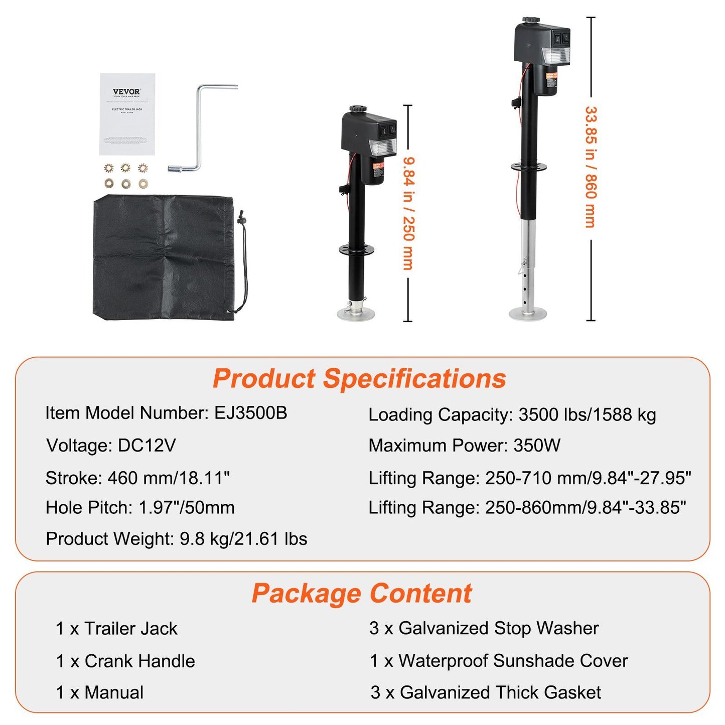 VEVOR Electric Trailer Jack, Power Tongue Jack Weight Capacity 3500 Lbs, Electric Tongue Jack With Waterproof Cover For Lifting RV Trailer, Horse Trailer, Utility Trailer, Yacht Trailer