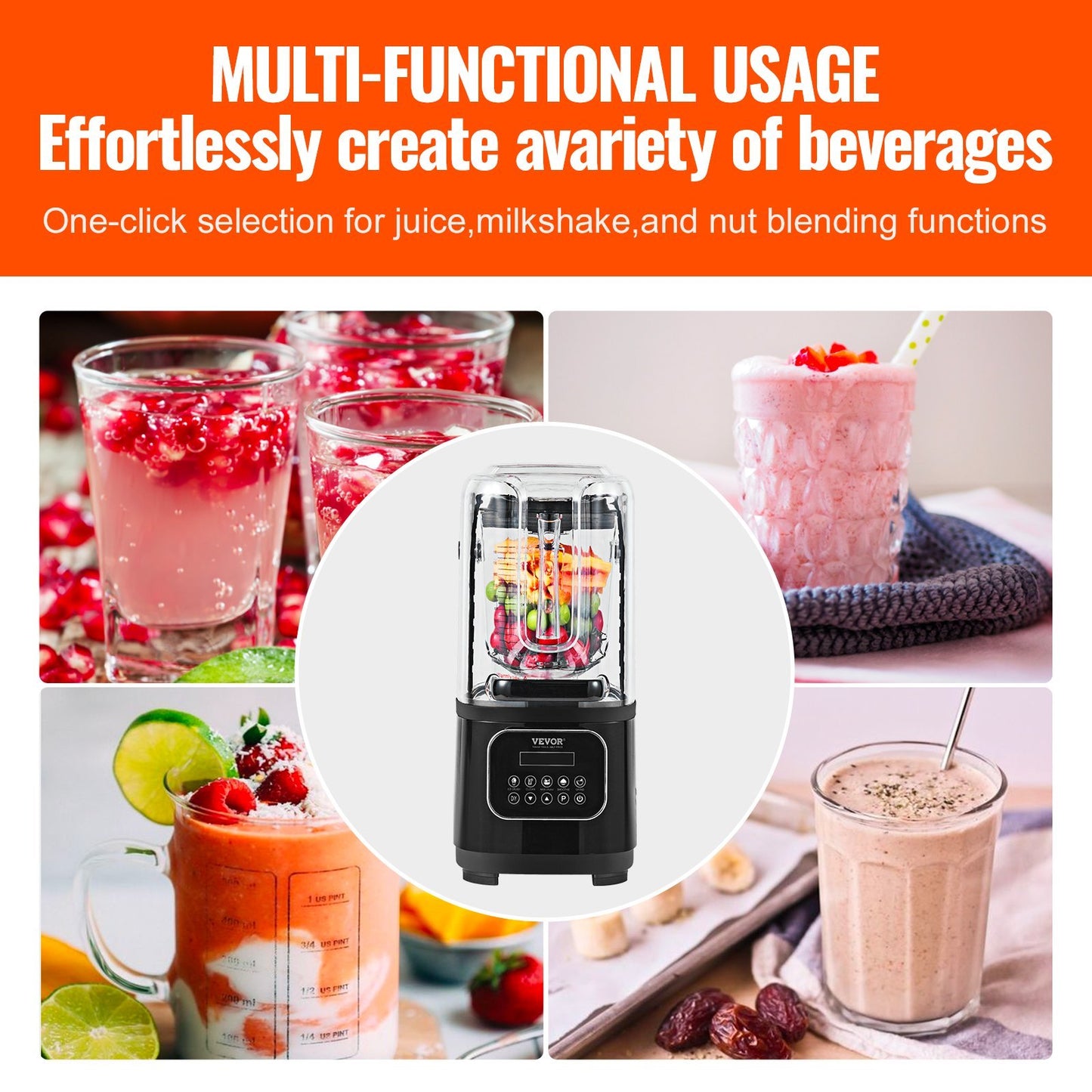 VEVOR Professional Blender With Shield, Commercial Countertop Blenders, 68 Oz  Blender Combo, Stainless Steel 9 Speed & 5 Functions Blender, For Shakes, Smoothies, Peree, And Crush Ice, Black