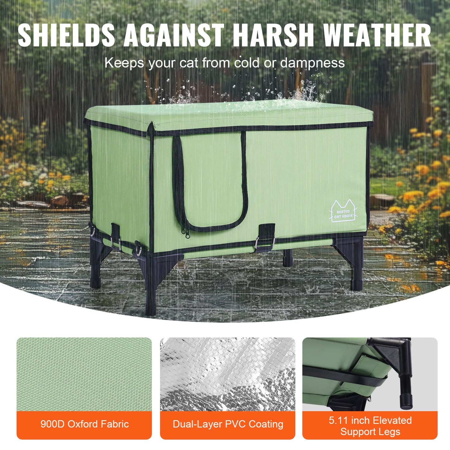 VEVOR Elevated Heated Cat House Cuboid Kitty Shelter With Heated Pad Green M