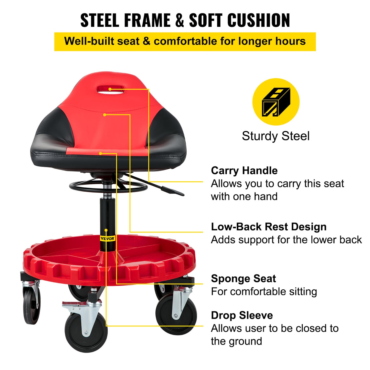 VEVOR Rolling Gear Seat, 300LBS Capacity,  Height Adjustable, Mobile Mechanic Garage Stool With Tool Tray And Casters, Pneumatic Stool For Workshop, Garage, Auto Repair Shop