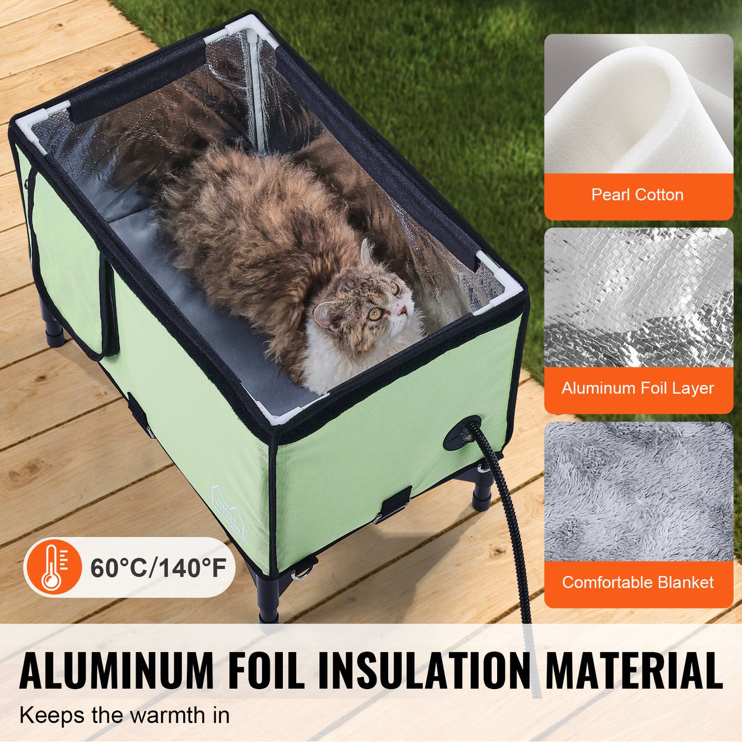 VEVOR Elevated Heated Cat House Cuboid Kitty Shelter With Heated Pad Green M