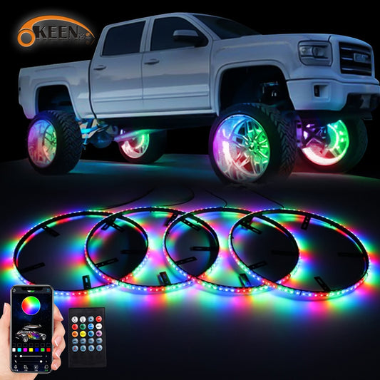 OKEEN 4pcs RGB Car Hub Light APP Remote Control Colorful Car Wheel Ring Ambient Light Strip Auto Tire Decorative Strip Light 12V