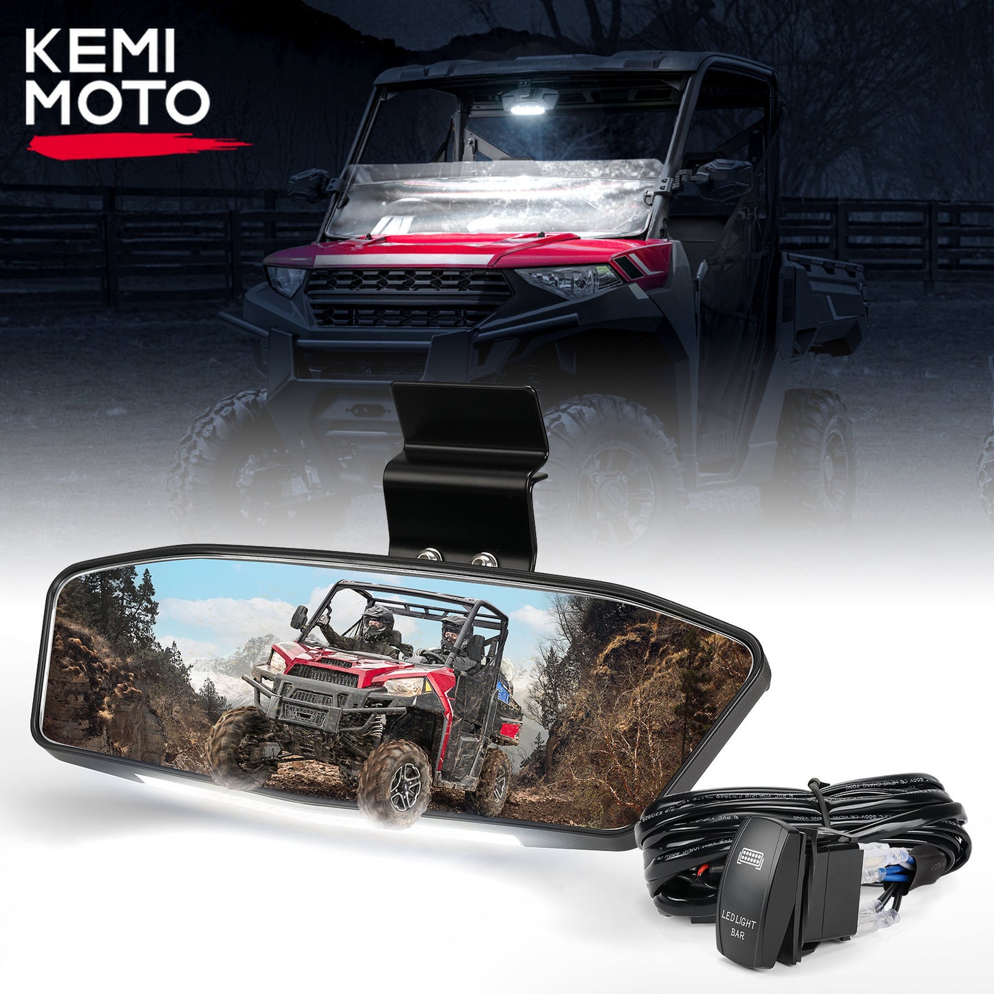 KEMIMOTO UTV Rear View Mirror w/ LED Light Compatible with Polaris Ranger XP 1000 Crew Midsize 500 570 900 for Can Am Defender